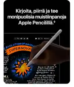 Käsi piirtää supernova-kaaviota tabletilla Apple Pencilillä. Teksti: Kirjoita, piirrä ja tee monipuolisia muistiinpanoja Apple Pencilillä.