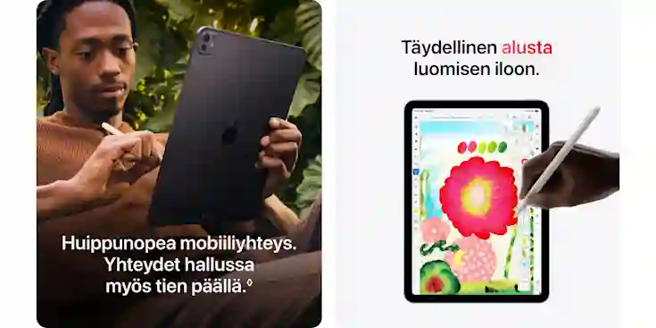 A man uses a dark iPad Pro tablet with an Apple Pencil outdoors in front of green plants. The iPad Pro displays a colorful flower drawing.