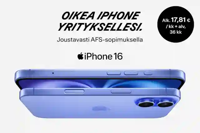 Oikea iPhone yrityksellesi. Joustavasti AFS-sopimuksella. Alk. 17,81 € / kk + alv, 36 kk. iPhone 16 malli vaakatasossa.
