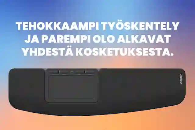 Black Contour touchpad with touch panel on a colorful background. Text: More efficient work and better well-being start with a single touch.