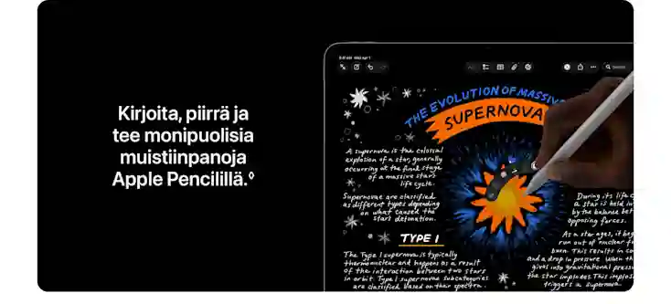 Digital art with a supernova theme is drawn on an iPad screen using Apple Pencil, featuring colorful elements and text.