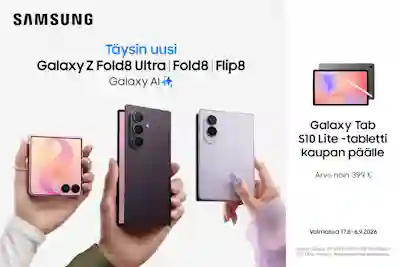 Samsung Galaxy Z Fold8 Ultra, Fold8 ja Flip8 -puhelimet käsissä. Galaxy Tab S10 Lite -tabletti kaupan päälle, arvo 399 €.