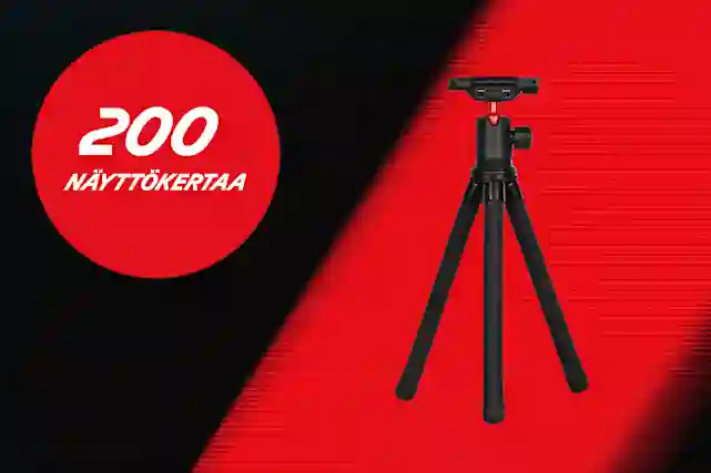 Kuvassa Beiwe BV-100 – taipuva kamera- ja puhelinjalusta ja vieressä pallura, jossa teksti:"200 näyttökertaa"! Tutustu kampanjaan.