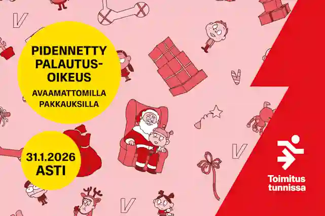 Pieniä jouluun liittyviä hahmoja ja lahjapaketteja jouluisella taustalla. Teksti: Pidennetty palautusoikeus avaamattomilla pakkauksilla 31.1.2026 asti. Kuvan sivussa nopeasti etenevä ukkeli, jonka alla teksti: Toimitus tunnissa.
