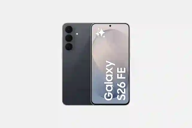 Dark gray Samsung Galaxy S26 FE smartphone with three rear cameras and a display showing the model name.