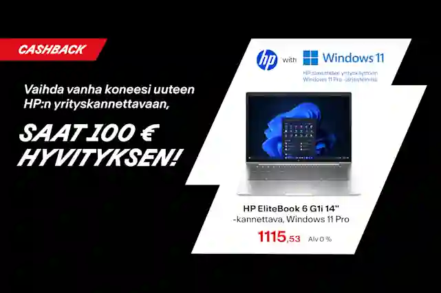 Tuo vanha tietokoneesi myymälään, saat 100 € hyvitystä uudesta HP Windows 11 -koneesta. EliteBook 6 G1i 14" -kannettava, Windows 11 Pro 1115,53 Alv 0 %.