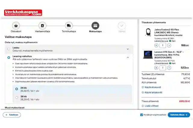 Esimerkkikuva Verkkokauppa.comin ostoskorin Maksutapa-välilehdeltä, jossa Leaseing-rahoitus maksutapana.