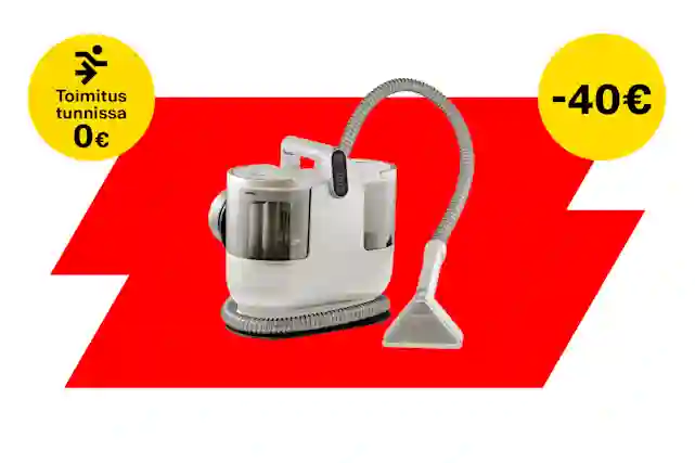 Ströme PowerClean 56A valkoinen tekstiilipesuri punaisella taustalla. Vasemmalla keltainen huomiopallo, jossa lukee ‘Toimitus tunnissa 0 €’, ja oikealla keltainen huomiopallo, jossa lukee ‘-40 €’.