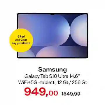 Samsung Galaxy Tab S10 Ultra 14,6" WiFi+5G -tabletti, 12 Gt / 256 Gt, Android 14, Moonstone Gray. 949 € (norm. 1649,99 €) 5kpl erä vain myymälästä.