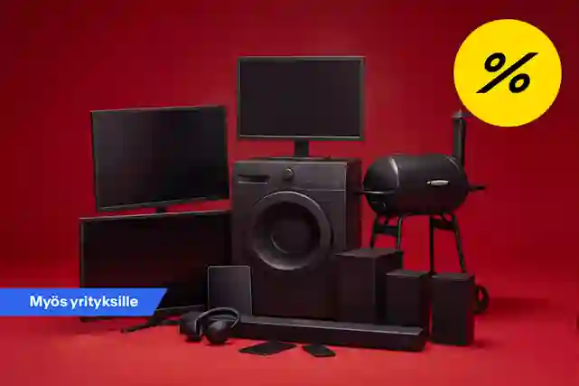 Mustia elektroniikka- ja kodintuotteita punaisella taustalla. Myös yrityksille. Alennusmerkki.