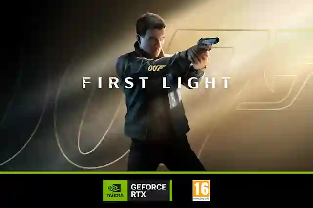 James Bond -hahmo tähtää aseella, taustalla 007-logo ja teksti FIRST LIGHT. NVIDIA GeForce RTX -logo ja PEGI 16 -ikäraja.