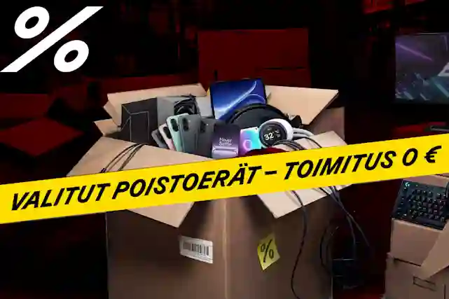 Pahvilaatikoita täynnä elektroniikkaa, kuten älypuhelimia, kannettavia tietokoneita ja kuulokkeita. Valitut poistoerät - toimitus 0 €.
