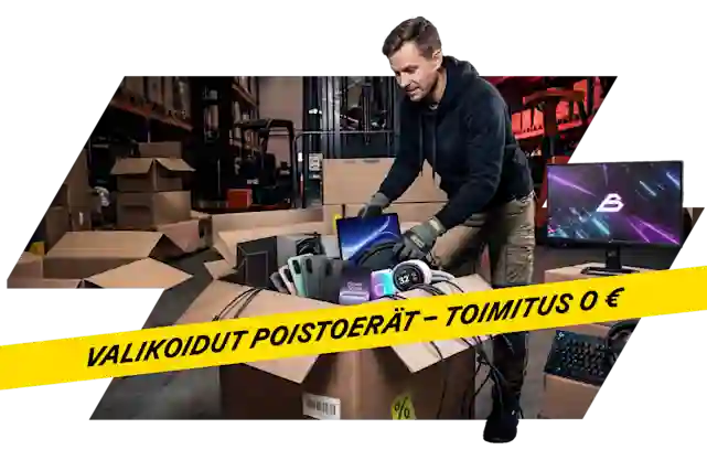 A warehouse worker packs electronics into a box. Selected clearance items - free delivery.