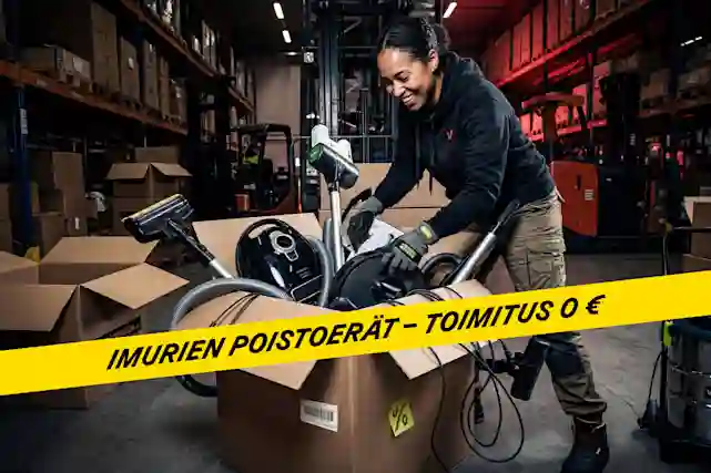 Henkilö työskentelee varastossa ja laittaa pölynimureita pahvilaatikkoon. Laatikossa on useita imureita ja tarvikkeita, taustalla varastohyllyjä. Kuvan päällä keltainen nauha, jossa teksti ”Imurien poistoerät – toimitus 0 €”.