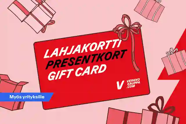 Verkkokauppa.comin lahjakortti jouluisella taustalla. Presentkort. Gift card. Myös yrityksille!