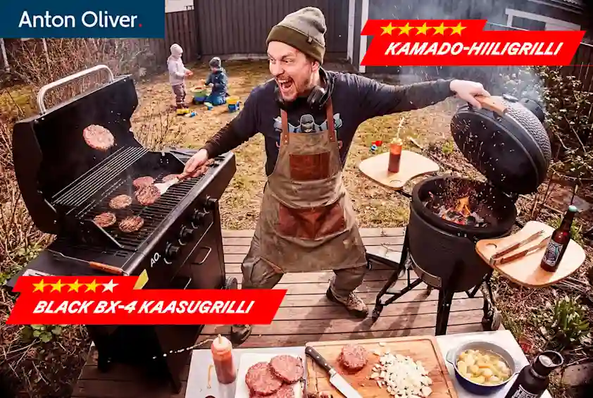 Isä grillaa intohimoisesti Anton Oliverin Black BX-4 kaasugrillillä, sekä Anton Oliverin Kamado-hiiligrillillä. Lapset leikkivät taustalla. Tutustu grillivalikoimaan!