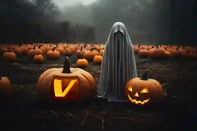 Synkässä maailmassa kurpitsojen keskellä haamu. Yhteen kurpitsaan kaiverrettu V-logo. Verkkokauppa.comista löydät Halloweeniin mahtavia tuotteita.