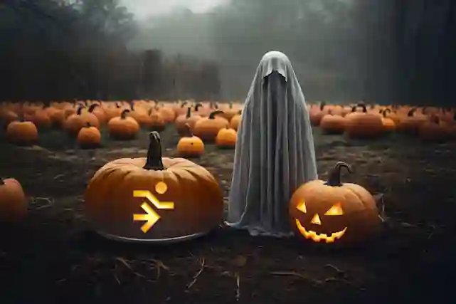 Synkässä maailmassa kurpitsojen keskellä on haamu. Yhteen kurpitsaan on kaiverrettu tunnin toimitus logo. Verkkokauppa.comista löydät Halloweeniin mahtavia tuotteita.