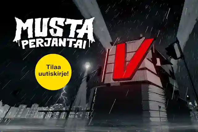 Musta Perjantai – tilaa uutiskirje ja saat etuilukoodin! Taustalla synkkä sarjakuvamainen Verkkokauppa.com myymälä jossa etuosassa valtava punainen V-kirjain!