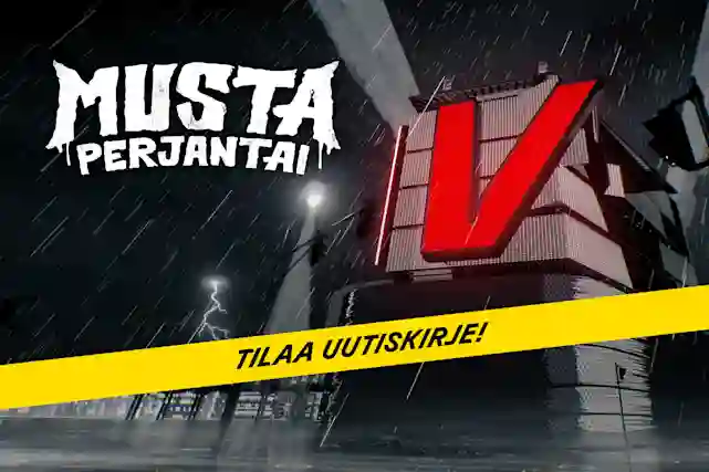 Musta Perjantai – tilaa uutiskirje ja saat etuilukoodin! Taustalla synkkä sarjakuvamainen Verkkokauppa.com myymälä jossa etuosassa valtava punainen V-kirjain!