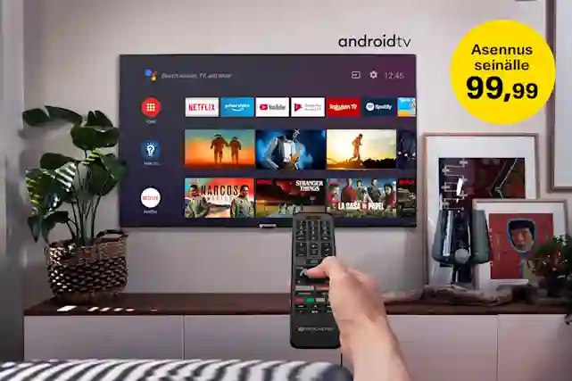 Olohuoneen valaisee tyylikkäästi Philips tv:n ambilight led taustavalot, jotka muuttuvat ruudun värien mukaan. Keltainene pallura, jossa teksti:"Asennus seinälle 99,99 €". Lue mikä televisio sopisi sinulle!