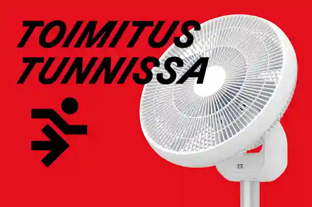 Teksti:"Toimitus tunnissa". Vieressä Strömen tuuletin.