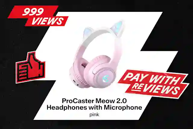 Pink ProCaster Meow 2.0 headphones with cat ear decorations. 999 views. Review the product and claim your reward.