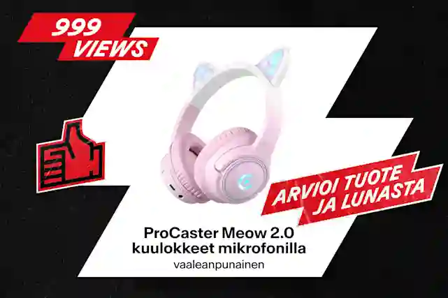 Vaaleanpunaiset ProCaster Meow 2.0 -kuulokkeet kissan korvakoristuksilla. 999 katselukertaa. Arvioi tuote ja lunasta.