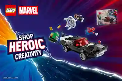 LEGO Marvel -rakennussarja, jossa supersankarit ja ajoneuvoja dynaamisessa toimintaympäristössä.