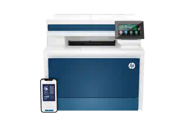 HP Color LaserJet Pro MFP 4302fdw -monitoimilaite edestä päin sekä älypuhelin jonka kautta onnistuu mobiilitulostus