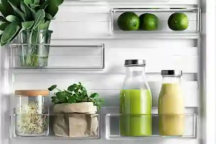 Kylskåpets innehåll: gröna limefrukter, färska örter, groddar i glasburk samt grön och gul juice i glasflaskor.