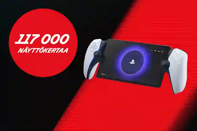 Kuvassa PlayStation Portal etäpeliohjain ja vieressä pallura, jossa teksti:"117 000 näyttökertaa"! Tutustu kampanjaan.