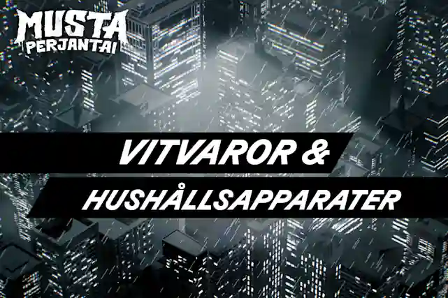 Nattlig stadsvy av skyskrapor fotograferad uppifrån. Text: Black Friday, Hushållsmaskiner.