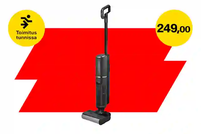 Ströme PowerClean DuoVac Pro märkä-kuivaimuri punaisella taustalla. Vasemmalla keltainen huomiopallo, jossa lukee ‘Toimitus tunnissa’, ja oikealla keltainen huomiopallo, jossa lukee ‘249,00’.
