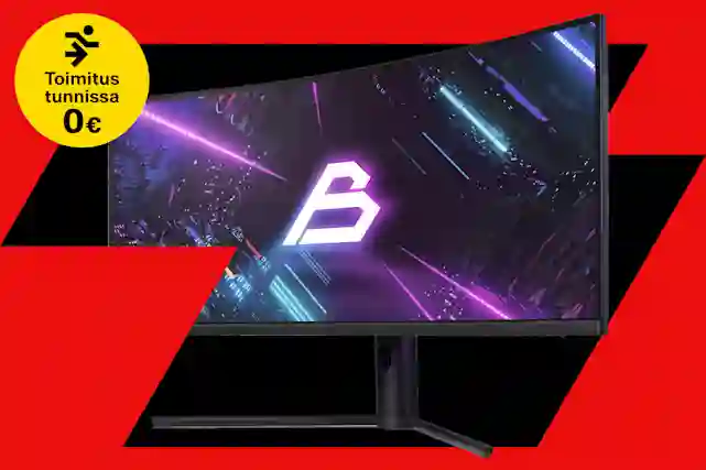 Widescreen gaming monitor with a purple Blackstorm logo in a futuristic setting. Delivery within an hour for 0€ with promo code ILMAINEN-toimitus.