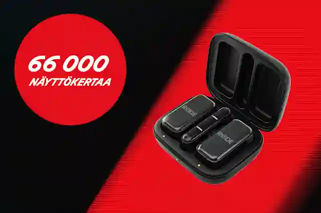 Kuvassa Rode Wireless mikrofonijärjestelmä ja vieressä pallura, jossa teksti:"66 000 näyttökertaa"! Tutustu kampanjaan.