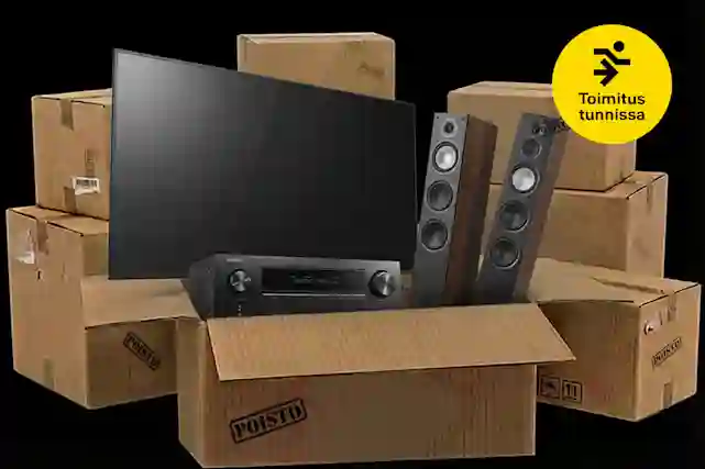 Kuvassa paljon pahvilaatikoita ja etuosan pahvilaatikko on auki ja sieltä tulee ulos televisio, kotiteatterivahvistin ja kaiuttimet. Vieressä pallura, jossa teksti:"Toimitus tunnissa". Kuvassa käytetty AI-työkalua.