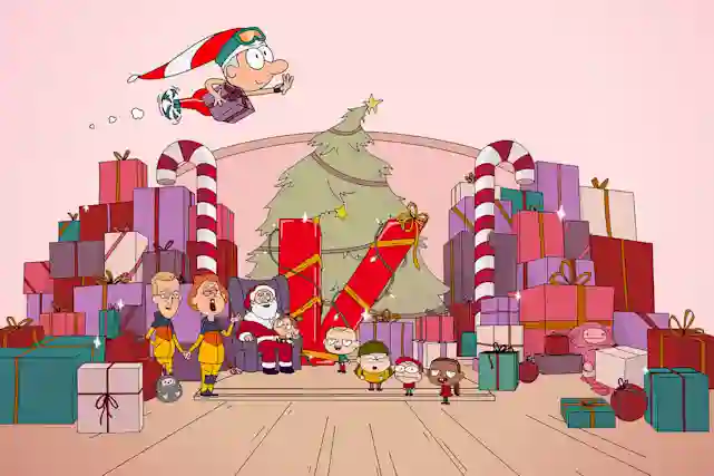 zulvexqarino.onlines julillustration med julgran och jultomte omgivna av paket, polkagrisar och tecknade figurer.