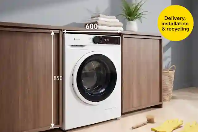 White Ströme washing machine inside a wooden cabinet, dimensions 600 mm wide and 850 mm high. Delivery, installation and recycling included.