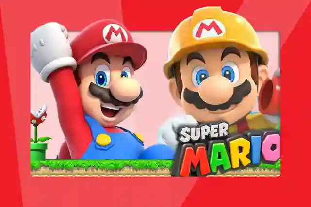 Super Mario teksti. I-kirjaimen päällä 8-bittinen mario.