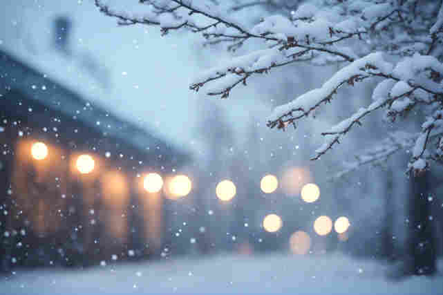 Luminen omakotitalon piha jossa näkyy valon pilkahduksia lumisateen välissä. Luminen oksa kvan etuosassa.