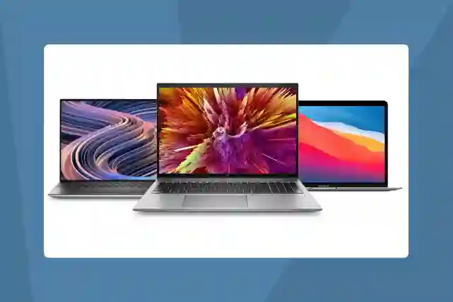 Rinnakkain Dell XPS 15 (9520) - 15,6" -kannettava, HP ZBook Firefly 16 G10 16" -mobiilitehotyöasema ja Apple MacBook Air 13” M1 256 Gt 2020 -kannettava.