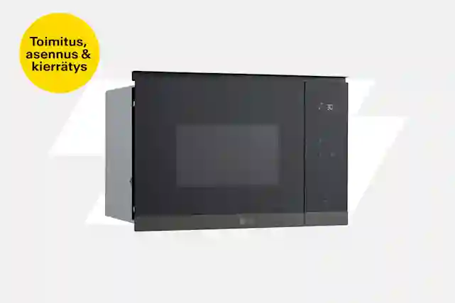 Black microwave on a light background with text highlighting delivery, installation, and recycling.