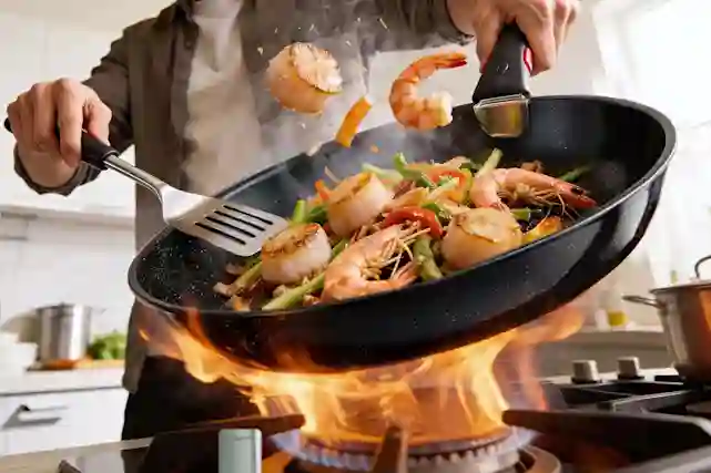 Cooking on a gas stove with a Tefal Ingenio Excellence Fusion frying pan.