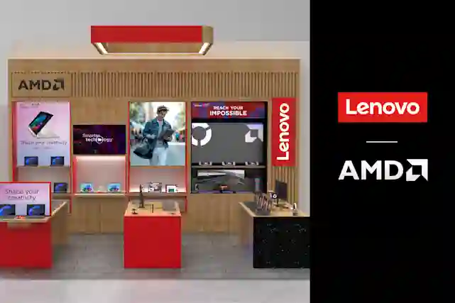 Kuva Lenovo & AMD shop in shopista. Shopissa esillä Lenovon tuotteita AMD:n prosessoreilla.