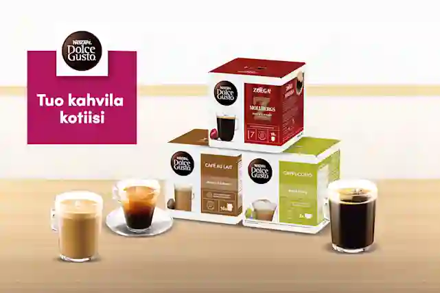 Kapselikahvien paketteja. Cafe au lait, Cappuccino sekä tumma paahto.