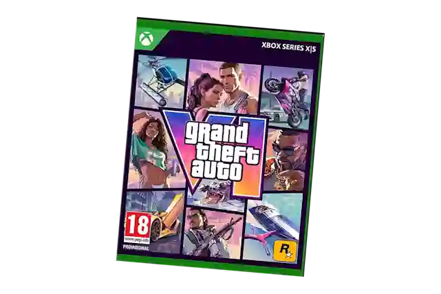 Grand Theft Auto VI game cover for Xbox Series X|S featuring characters, vehicles, and action scenes.