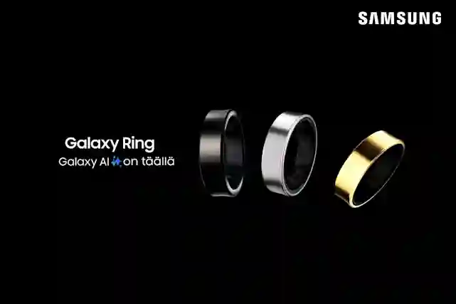 Vieressä teksti:"Galaxy Ring – Galaxy AI is here". Vieressä on kolme älysormusta. Hopea, musta ja kultainen.