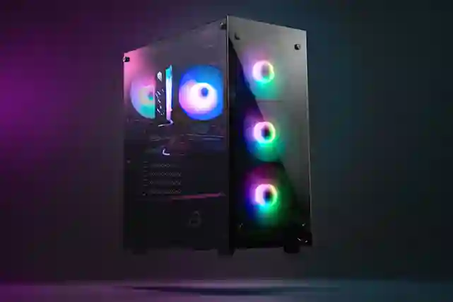 Blackstorm-pelitietokoneleijuu ilmassa rgb valot valaisten huonetta.