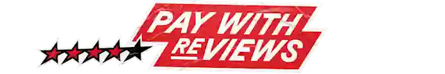 Neljä ja puoli tähteä ja teksti Pay with Reviews punaisella taustalla.